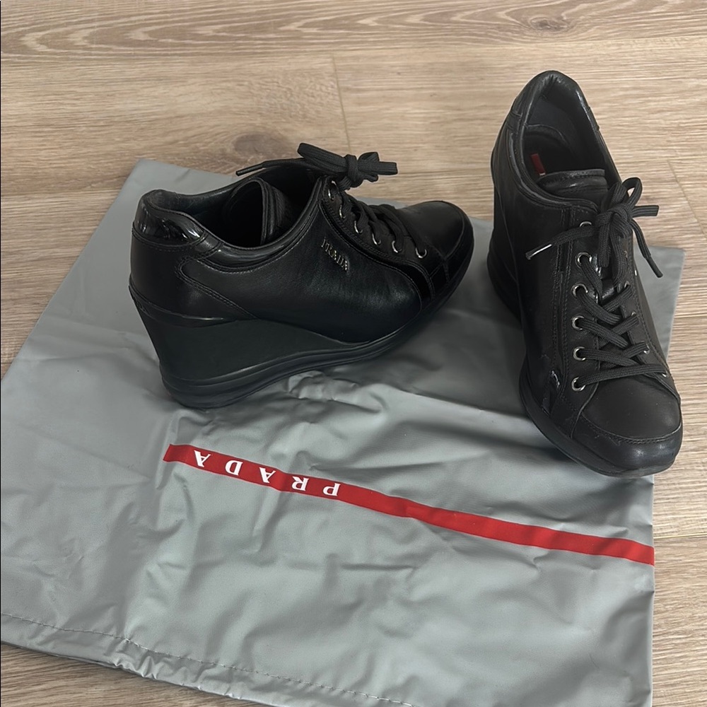 Prada women’s Black Leather wedge shoe